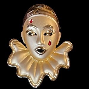 VTG Pierrot Clown Sad Face Brooch Pin Gold Tone Red Enamel